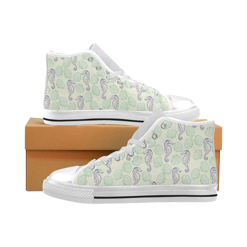 Seahorse shell pattern Men's High Top Canvas Shoes White