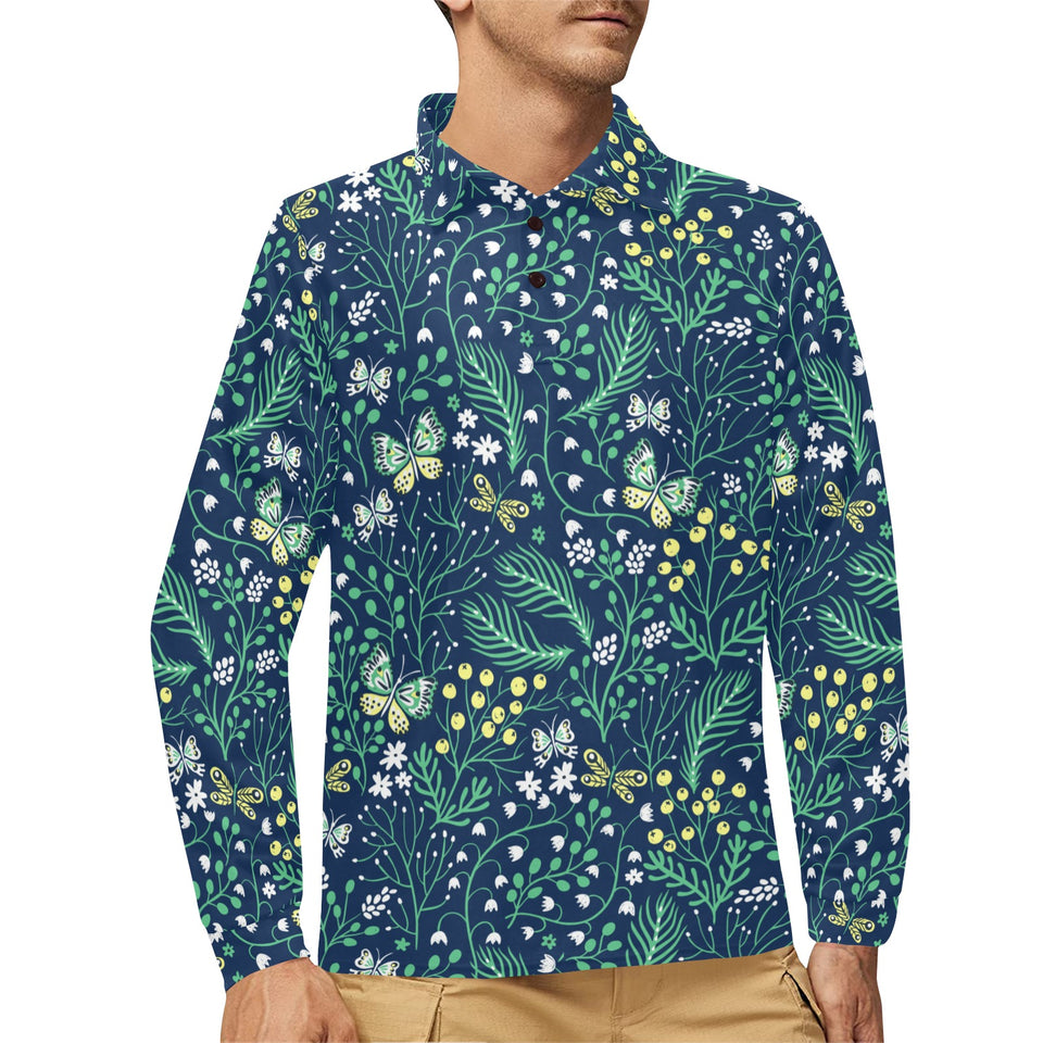 butterfly leaves pattern Men's Long Sleeve Polo Shirt