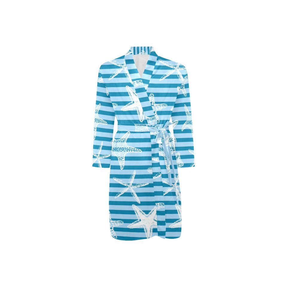 Starfish blue blackground Men's Long Sleeve Belted Night Robe