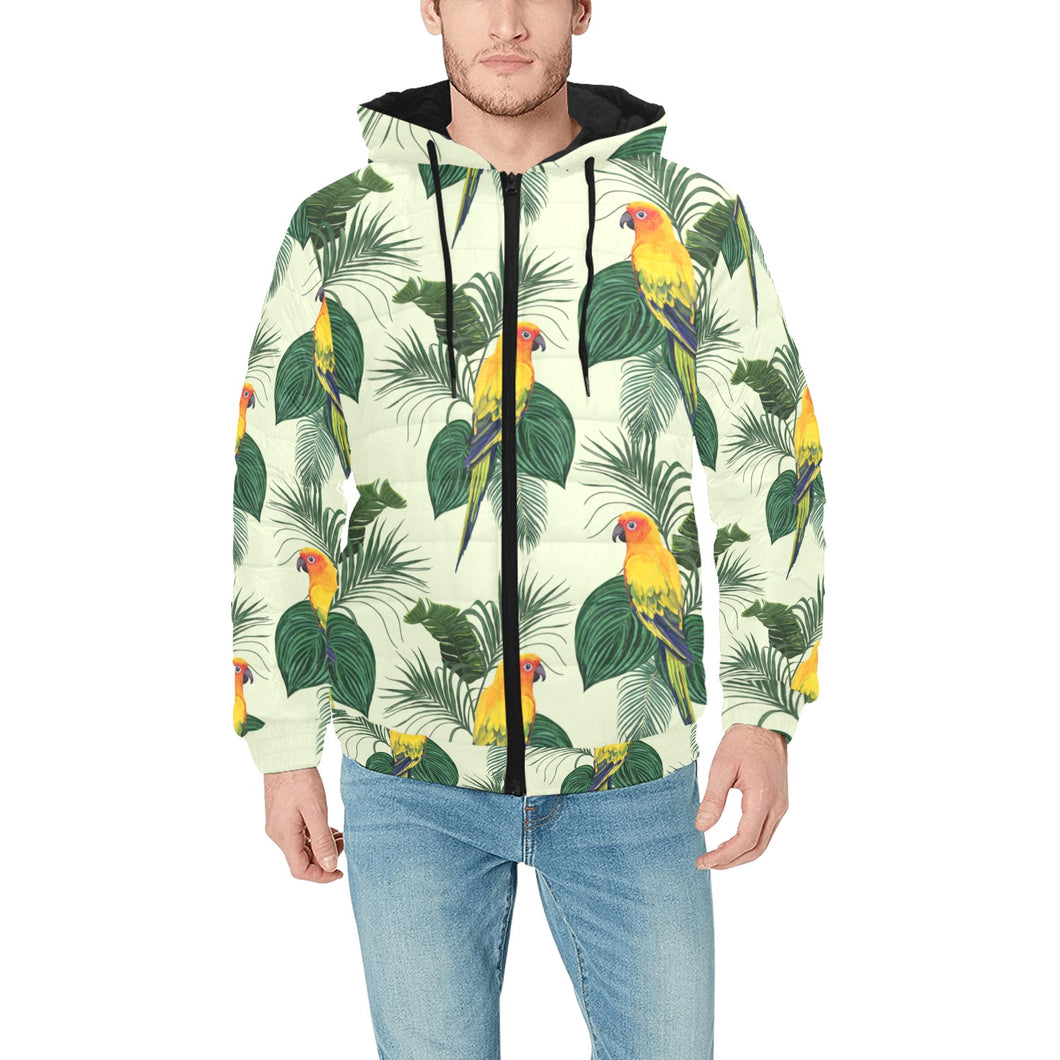 Beautiful parrot palm leaves pattern Men's Padded Hooded Jacket