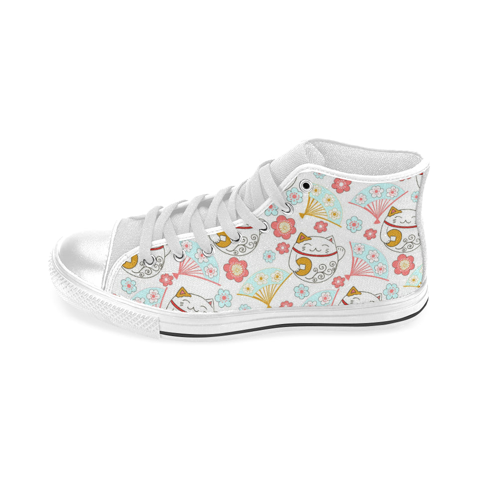 Maneki neko cat fan sakura Men's High Top Canvas Shoes White