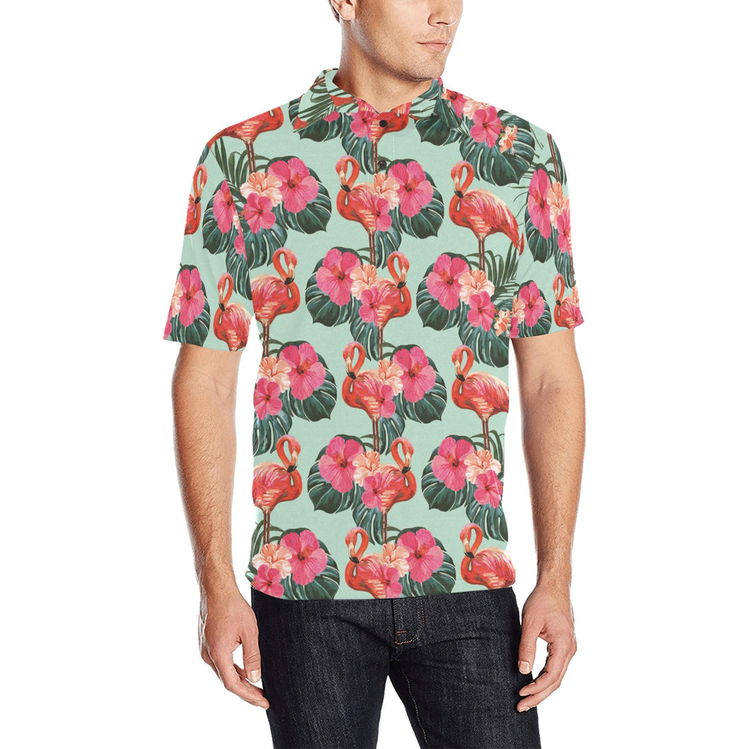 Beautiful flamingo tropical palm leaves hibiscus p Men's All Over Print Polo Shirt