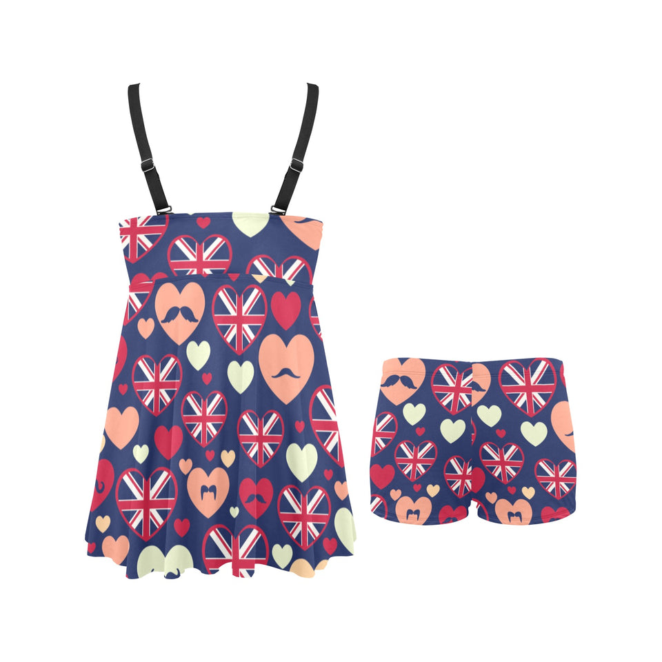 British Pattern Print Design 02 Chest Sexy Pleated Two Piece Swim Dress