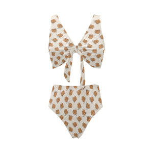 Pancake Pattern Print Design 01 Chest Bowknot High Waisted Bikini Swimsuit