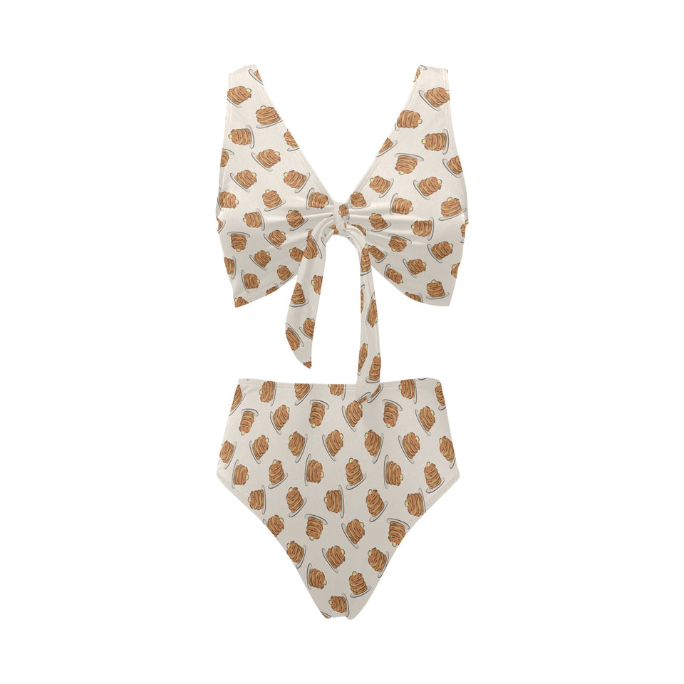 Pancake Pattern Print Design 01 Chest Bowknot High Waisted Bikini Swimsuit