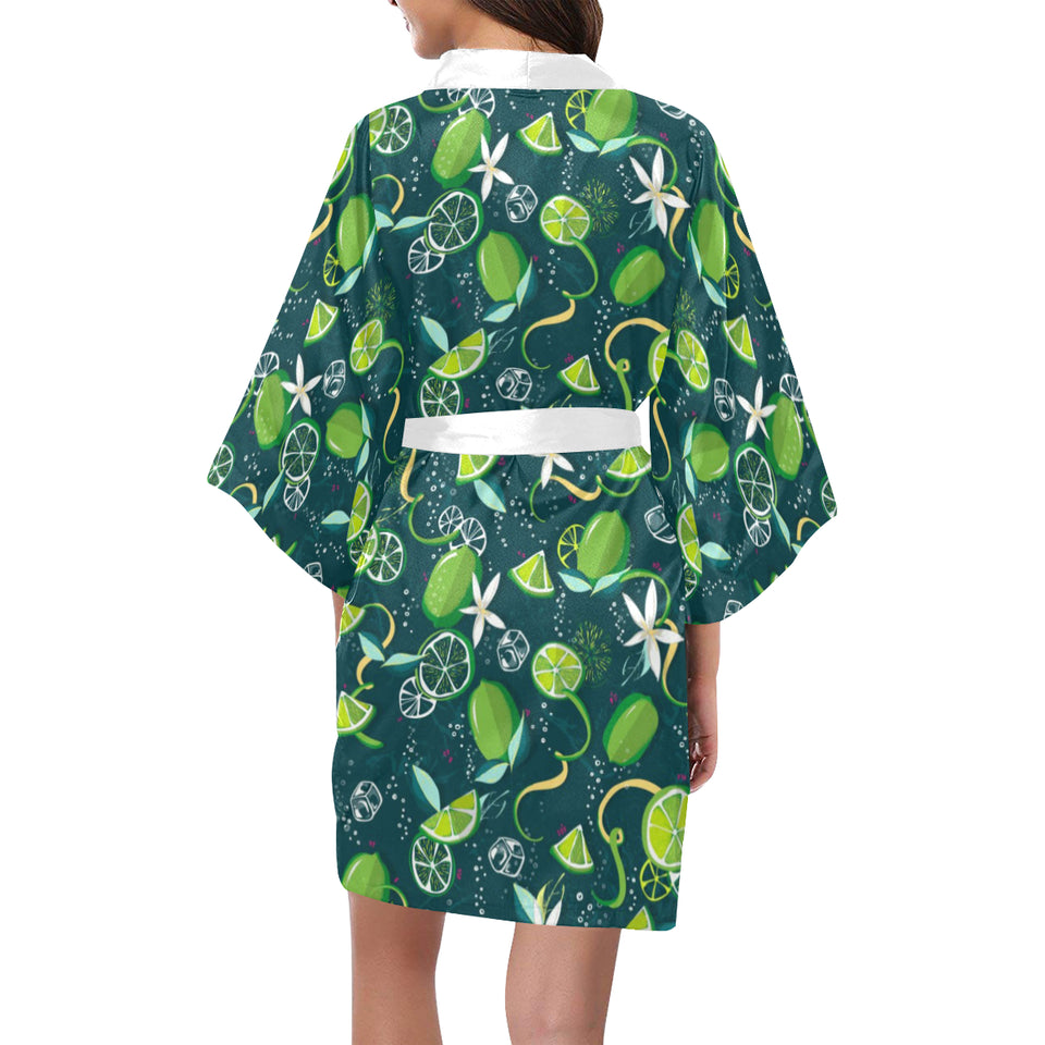 Lime ice flower pattern Women's Short Kimono Robe