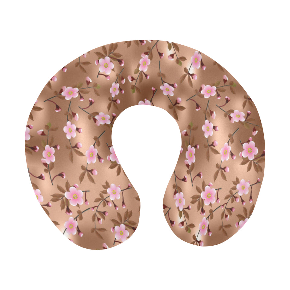 Pink sakura cherry blossom drak brown background U-Shaped Travel Neck Pillow