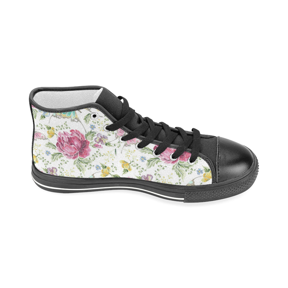 Hand drawn butterfly rose Men's High Top Canvas Shoes Black