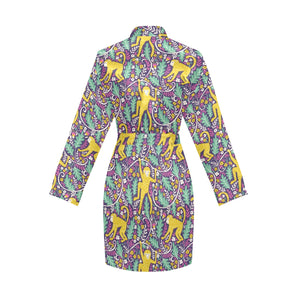Cute yellow monkey leaves pattern Women's Long Sleeve Belted Night Robe