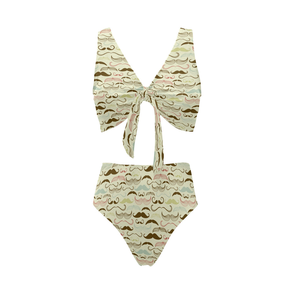 Mustache Beard Pattern Print Design 01 Chest Bowknot High Waisted Bikini Swimsuit