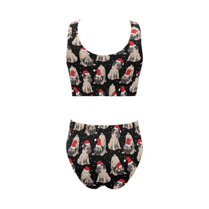 Christmas Pugs Santa_s red cap pattern Chest Bowknot High Waisted Bikini Swimsuit