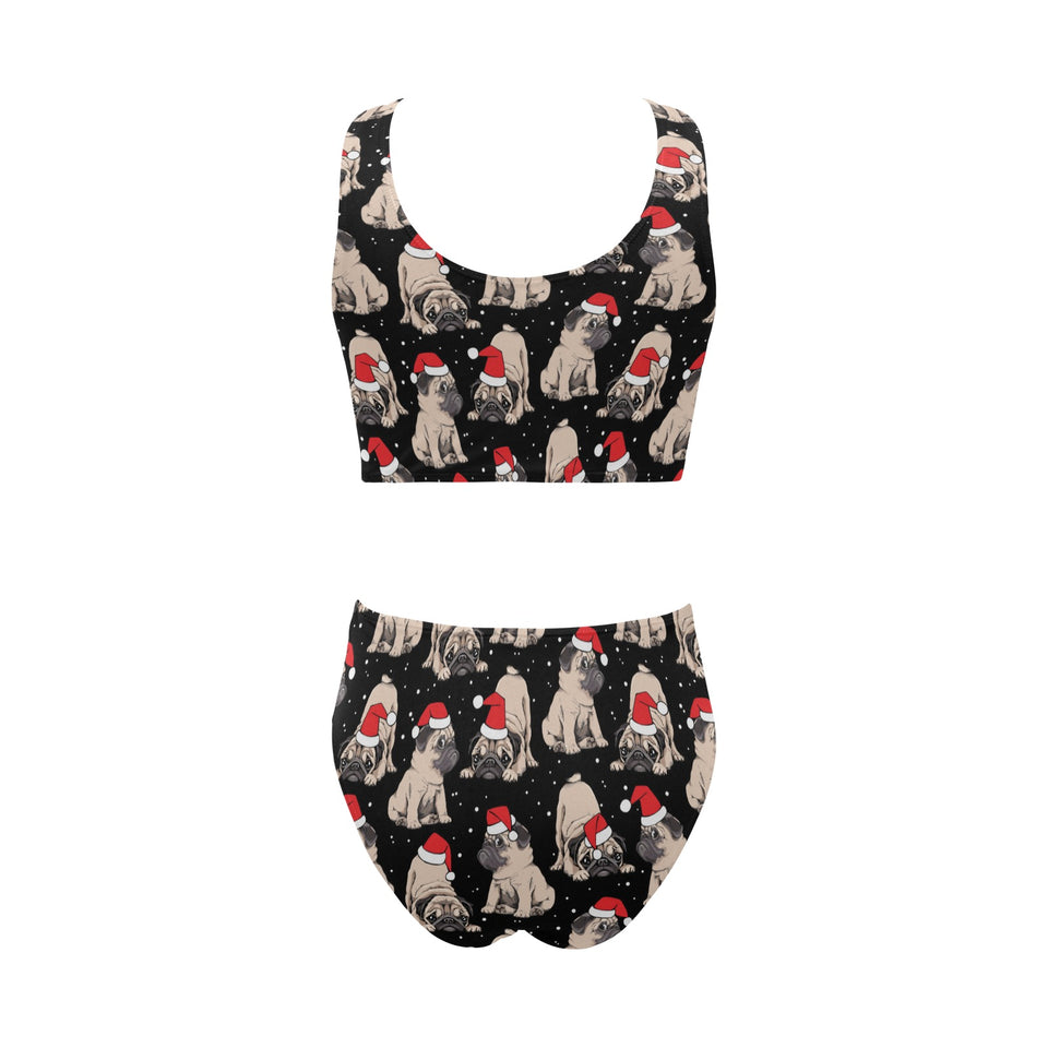 Christmas Pugs Santa_s red cap pattern Chest Bowknot High Waisted Bikini Swimsuit