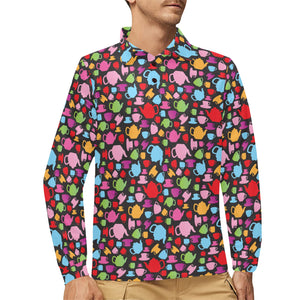 Tea pots Pattern Print Design 01 Men's Long Sleeve Polo Shirt