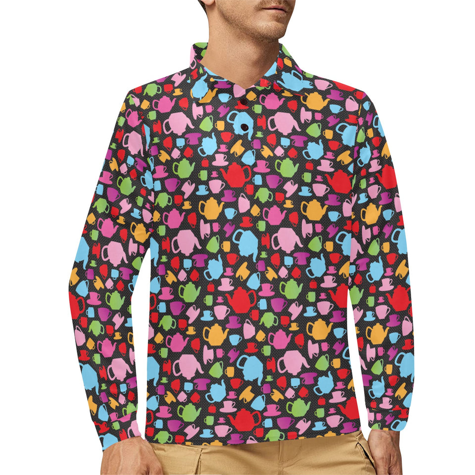 Tea pots Pattern Print Design 01 Men's Long Sleeve Polo Shirt