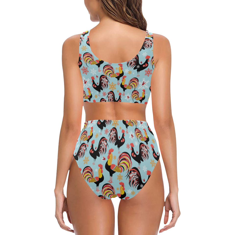 Rooster chicken cock snowfalke Chest Bowknot High Waisted Bikini Swimsuit