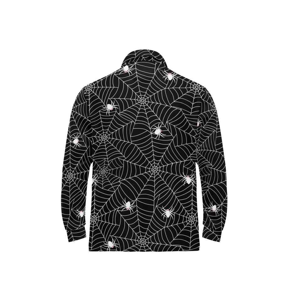 Spider web design pattern Black background white c Men's Long Sleeve Polo Shirt