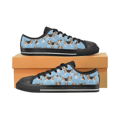Beagle dog blue background pattern Kids' Boys' Girls' Low Top Canvas Shoes Black