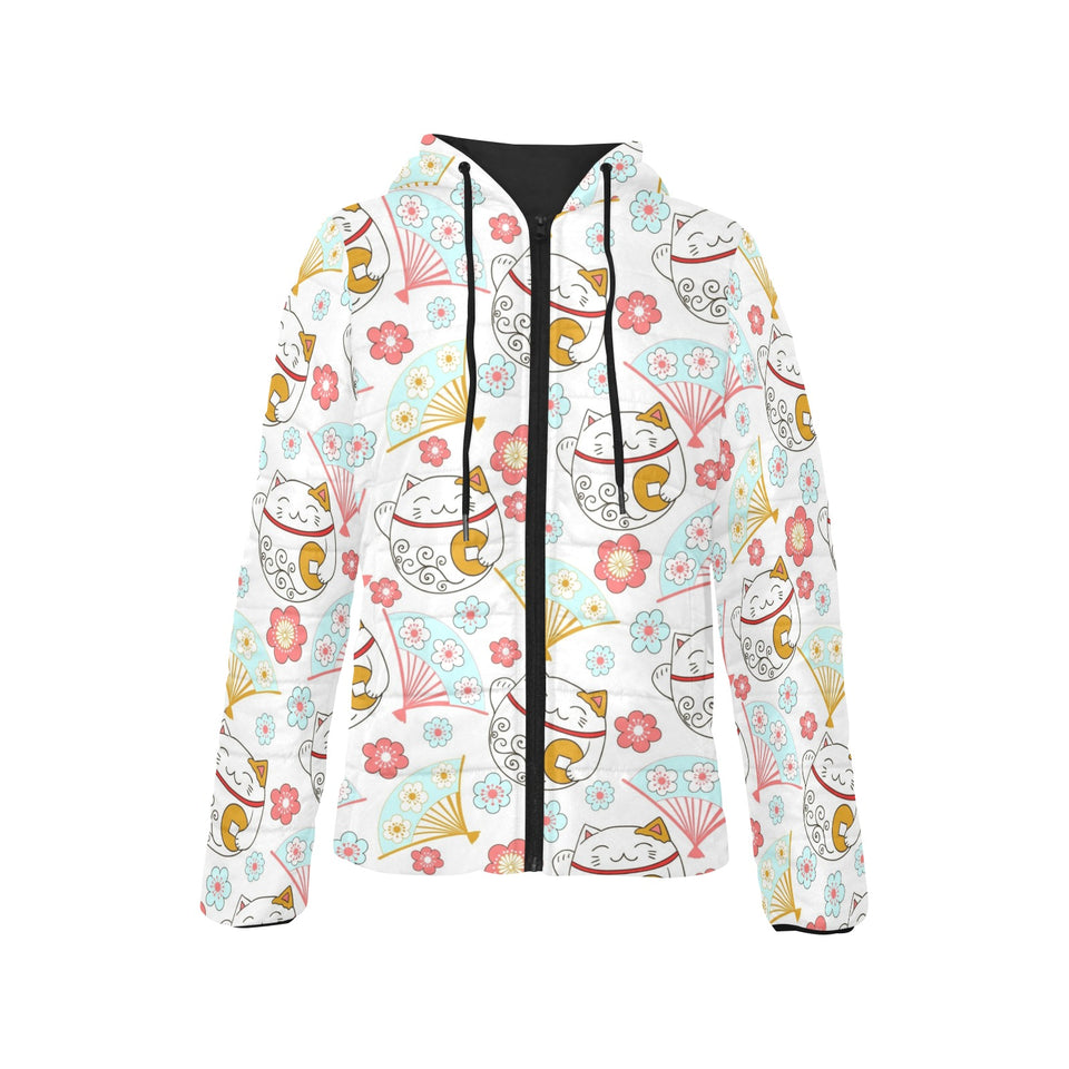 Maneki neko cat fan sakura Women's Padded Hooded Jacket