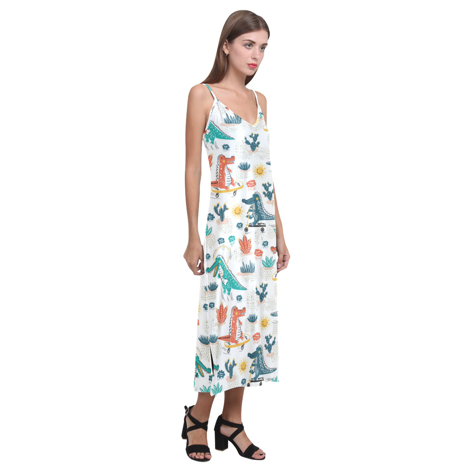 Cute Crocodile Pattern V-Neck Open Fork Long Dress