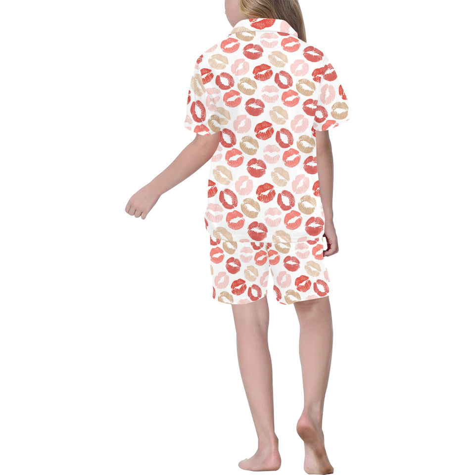 Lips Pattern Print Design 04 Kids' Boys' Girls' V-Neck Short Pajama Set