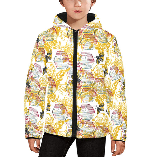 Cool Bee honeycomb leaves pattern Kids' Boys' Girls' Padded Hooded Jacket