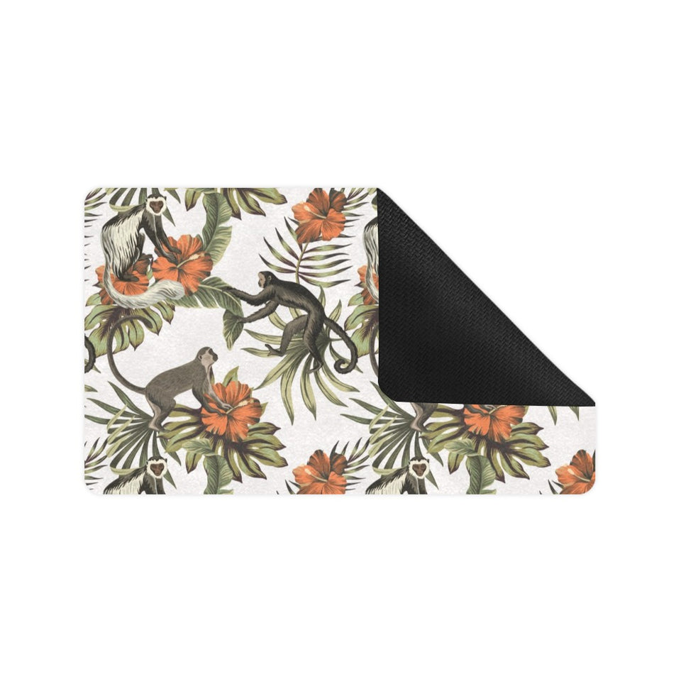 Monkey red hibiscus flower palm leaves floral patt Doormat