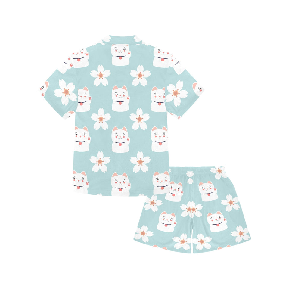 Maneki neko cat sakura Kids' Boys' Girls' V-Neck Short Pajama Set