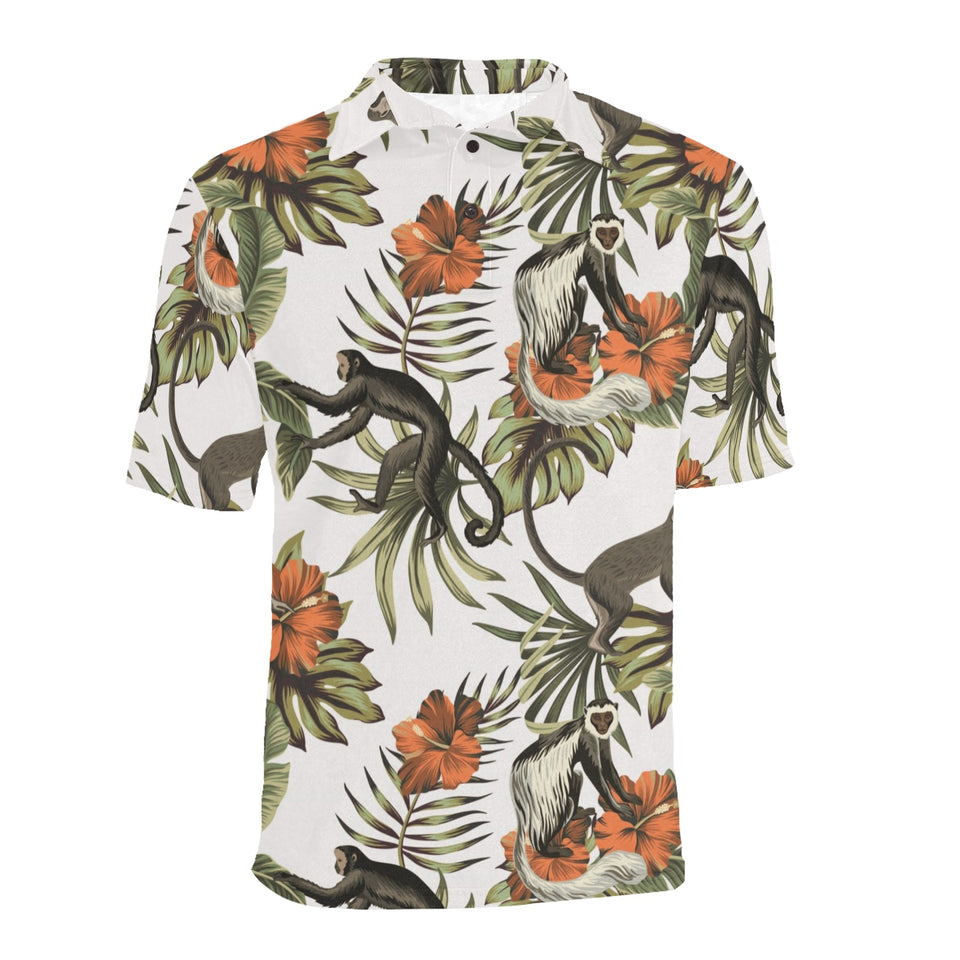 Monkey red hibiscus flower palm leaves floral patt Men's All Over Print Polo Shirt