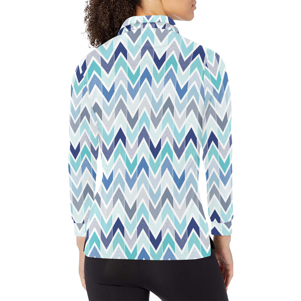 zigzag chevron blue pattern Women's Long Sleeve Polo Shirt