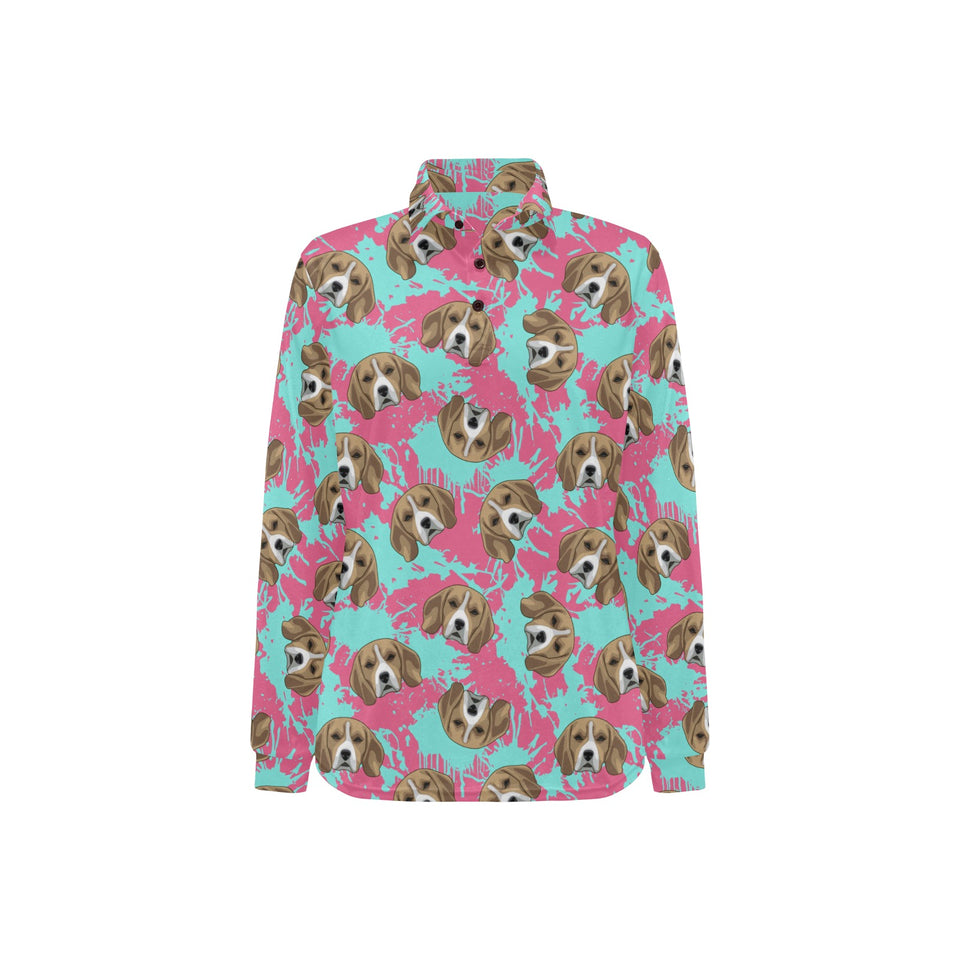 Beagle muzzles turquoise paint splashes pink patte Women's Long Sleeve Polo Shirt