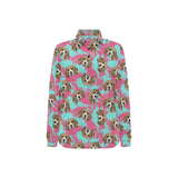 Beagle muzzles turquoise paint splashes pink patte Women's Long Sleeve Polo Shirt