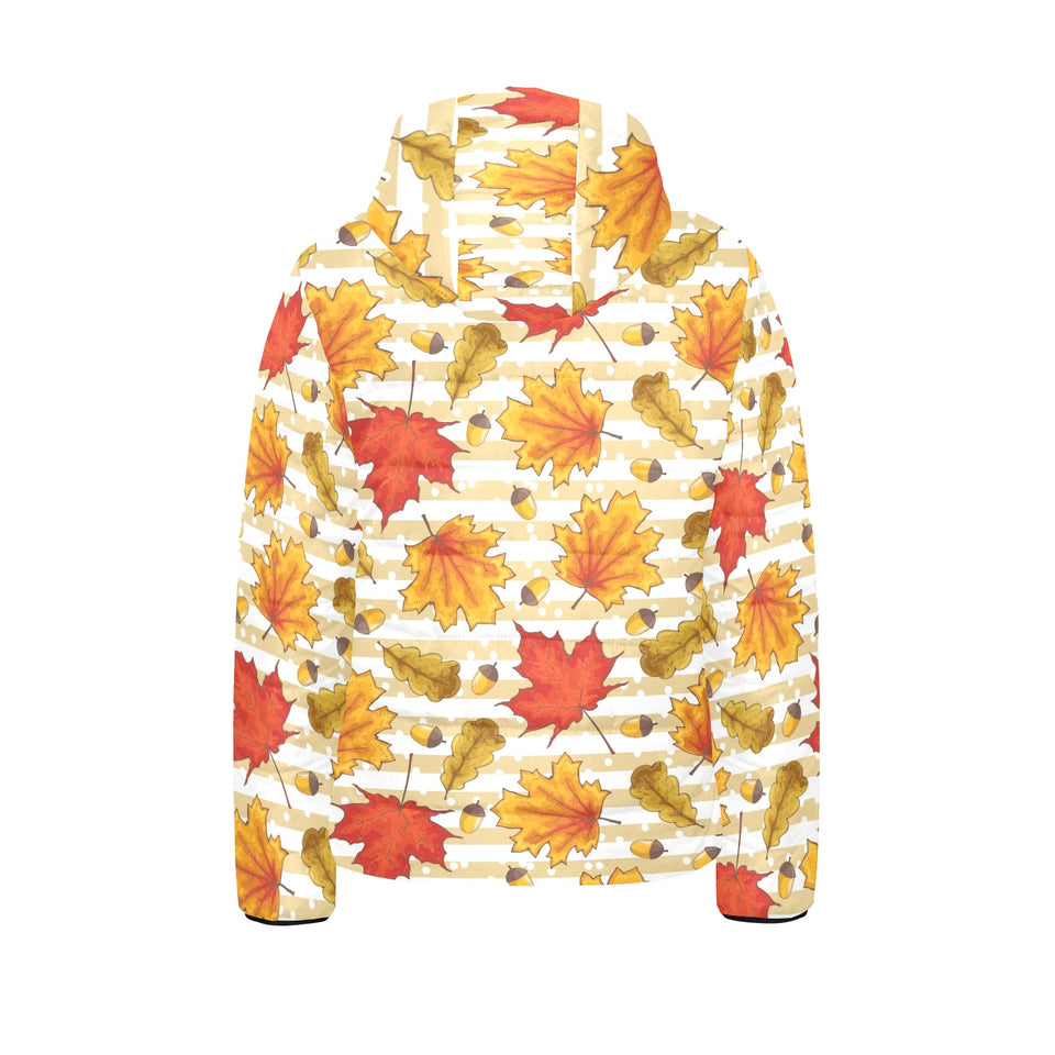 Maple leaf oak leaf acorns beige striped backgroun Kids' Boys' Girls' Padded Hooded Jacket