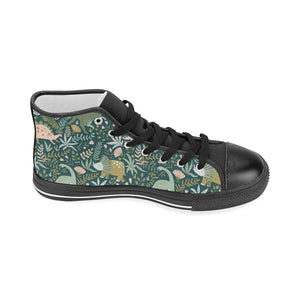 dinosaurs tropical leaves flower pattern Women's High Top Canvas Shoes Black