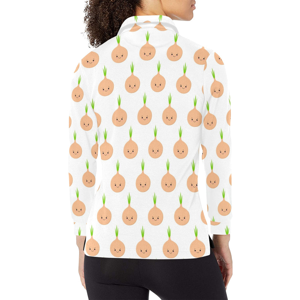 cute onions smiling faces Women's Long Sleeve Polo Shirt