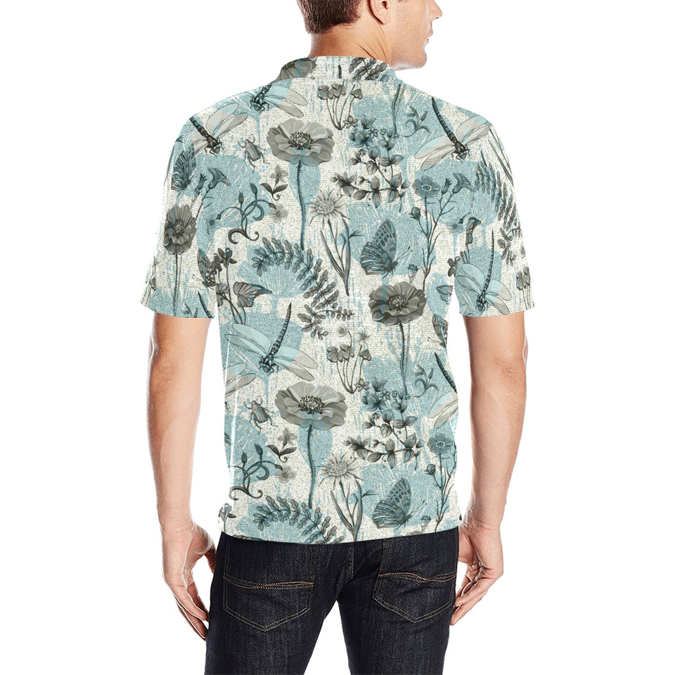 Dragonfly Butterfly Plants insect flower vintage s Men's All Over Print Polo Shirt