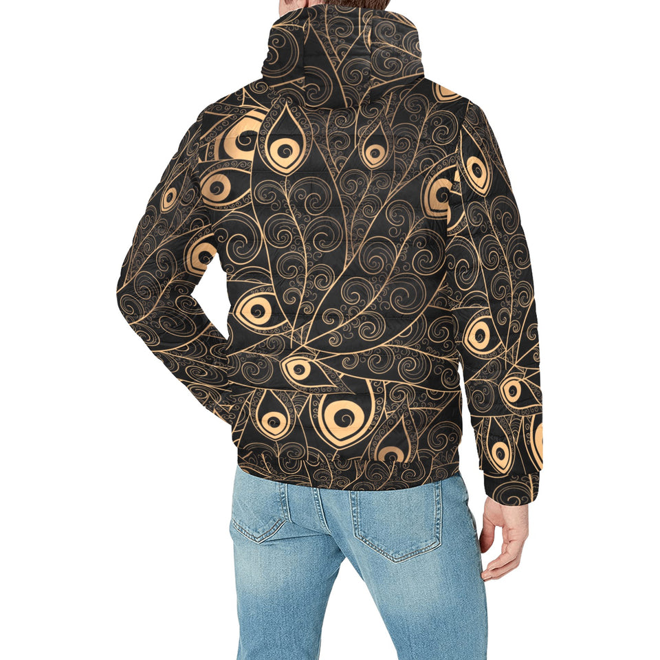 Gold peacock feather pattern Men's Padded Hooded Jacket