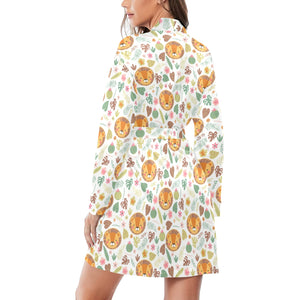 Lion Pattern Print Design 04 Women's Long Sleeve Belted Night Robe
