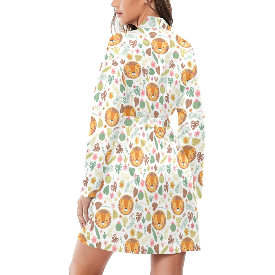 Lion Pattern Print Design 04 Women's Long Sleeve Belted Night Robe