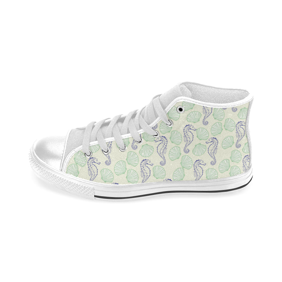 Seahorse shell pattern Men's High Top Canvas Shoes White