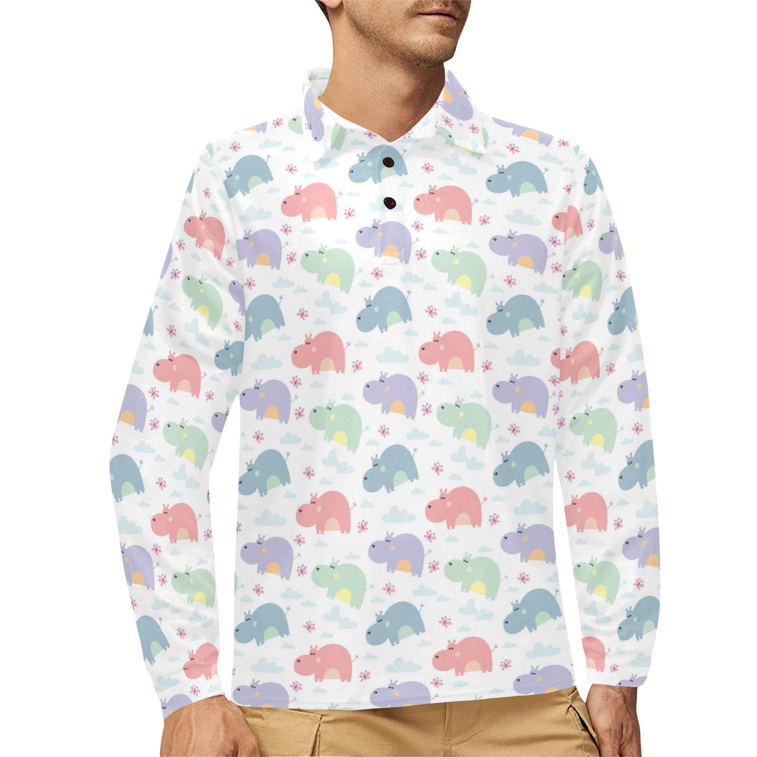 Hippopotamus Pattern Print Design 03 Men's Long Sleeve Polo Shirt