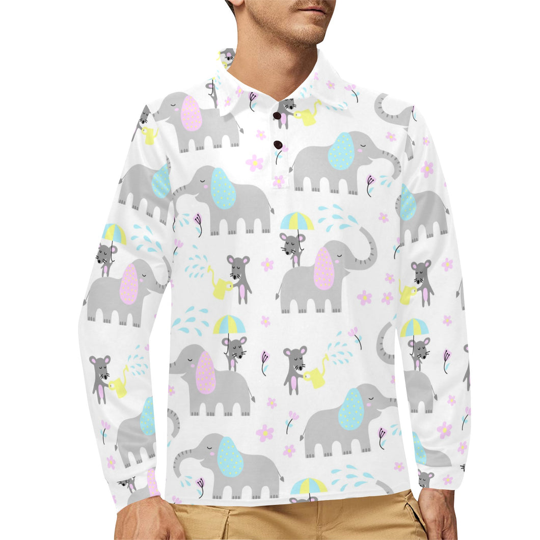 Cute elephant mouse pattern Men's Long Sleeve Polo Shirt
