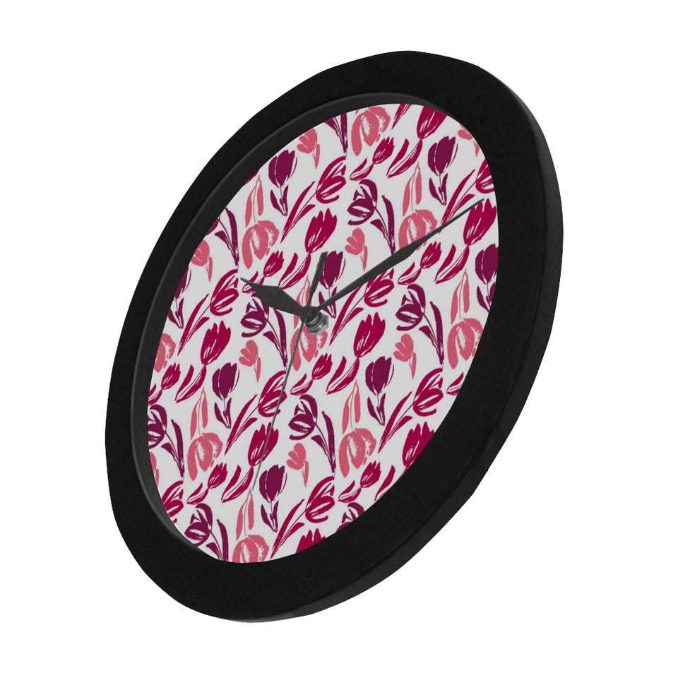 pink sketch tulip pattern Elegant Black Wall Clock
