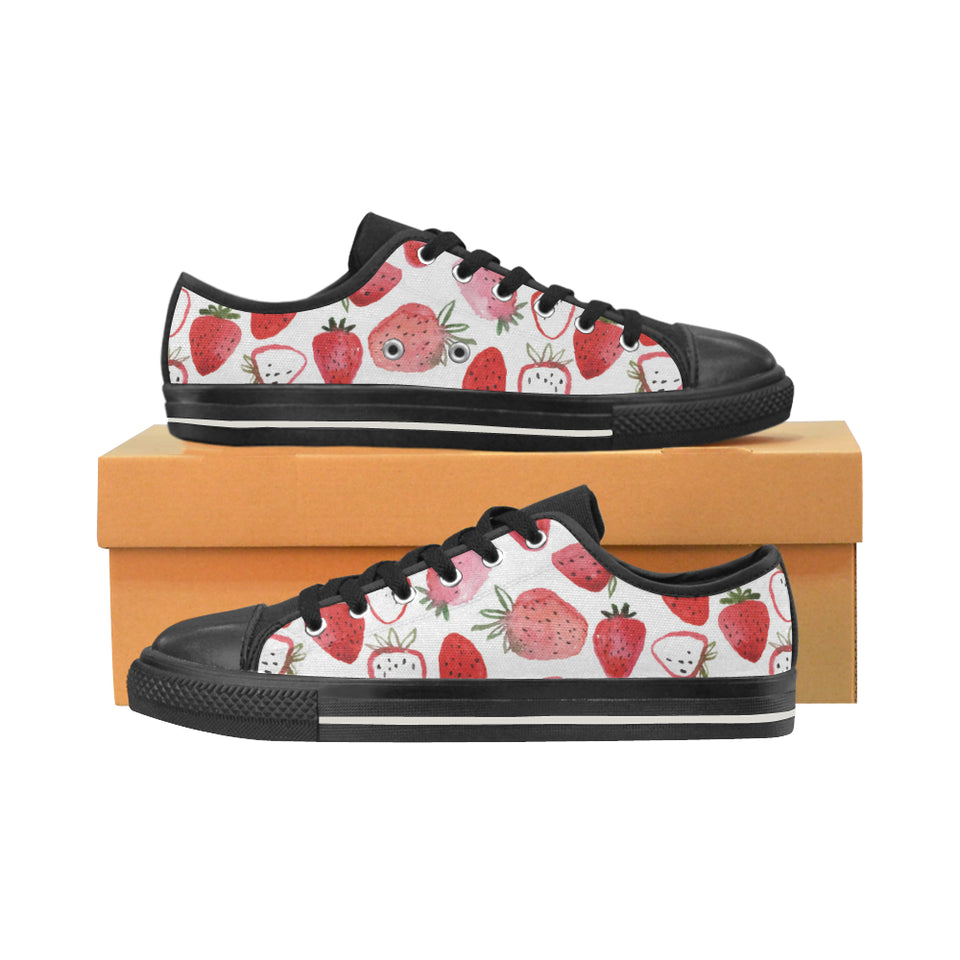 watercolor hand drawn beautiful strawberry pattern Women's Low Top Canvas Shoes Black