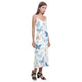 blue butterfly pattern V-Neck Open Fork Long Dress