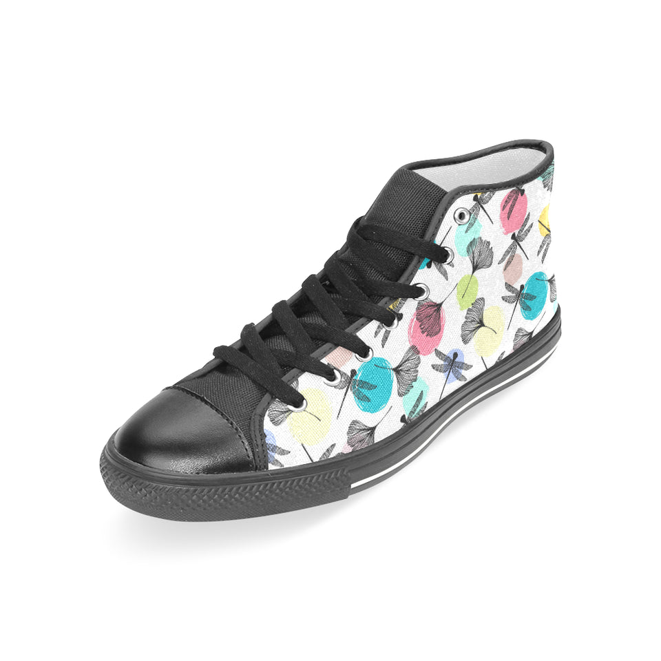 Dragonflies ginkgo leaves pattern Women's High Top Canvas Shoes Black