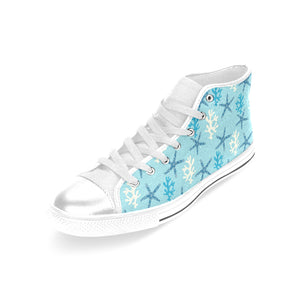 Blue starfish coral reef pattern Women's High Top Canvas Shoes White