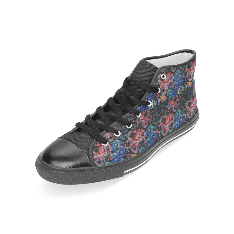 Octopus sea wave tropical fishe pattern Women's High Top Canvas Shoes Black