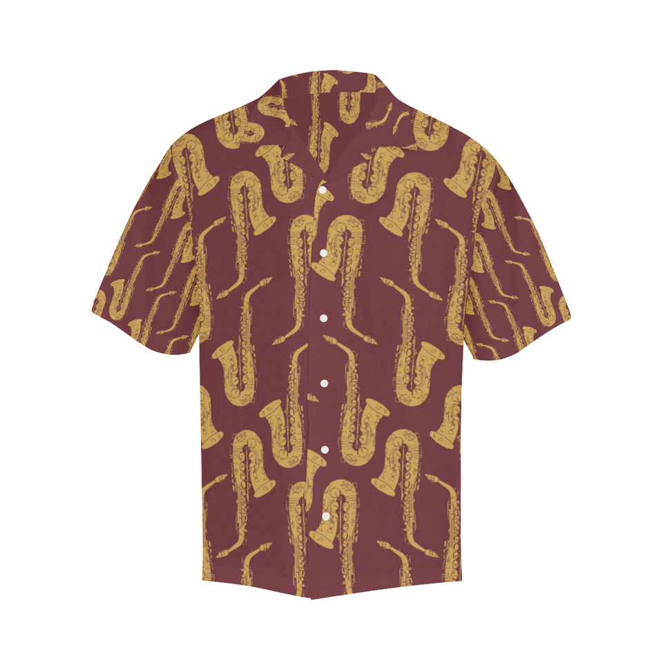Hand drawn gold saxophone red background Men's All Over Print Hawaiian Shirt