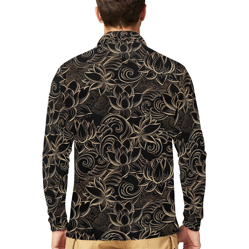 luxurious gold lotus waterlily black background Men's Long Sleeve Polo Shirt