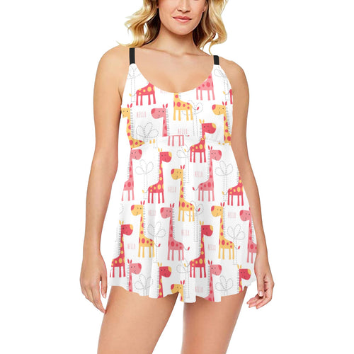 Giraffe Pattern Print Design 03 Chest Sexy Pleated Two Piece Swim Dress